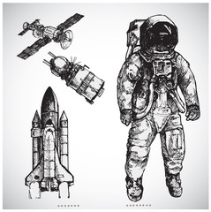 Astronaut hand drawn vector illustration . Set of  space elements