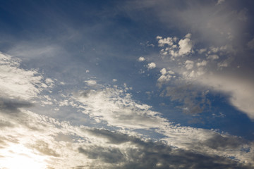 Naklejka na ściany i meble Cumulus clouds against a blue sky. Overcast. Weather forecast.