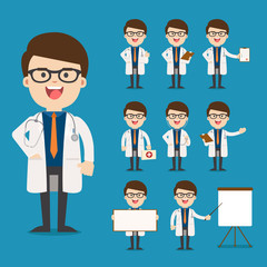 doctor presenting in various action. character design. 