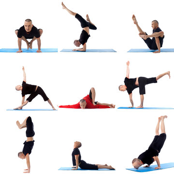 Set Collection Of Sporty Man Doing Yoga On White