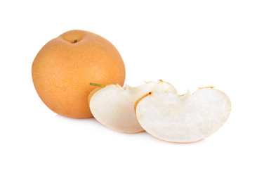 whole and portion cut snow pear or Fengsui pear on white backgro