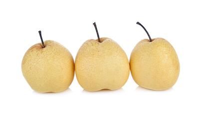whole Chinese pear or Nashi pear with stem on white background