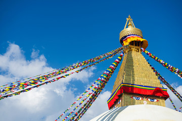 The Wisdom eyes on Boudhanath stupa landmark of Nepal