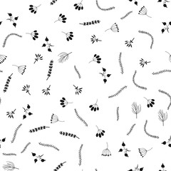 Black and white floral seamless pattern with flowers, leaves.