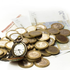 Vintage style chain watch with euro money on white background