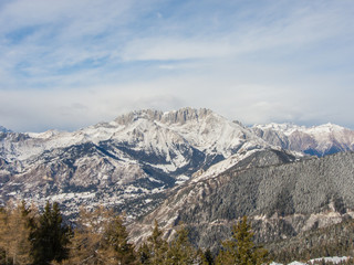 Fototapeta na wymiar Wonderful panorama from Monte Pora to Presolana after a snowfall. Orobie Prealps, Bergamo, Lombardy, Italy.