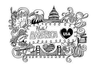 Fototapeta premium USA travel symbols in hand drawn sketch