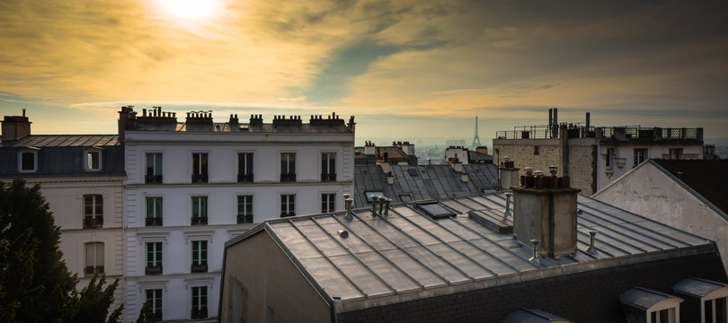 Paris rooftop from the top of Montmartre, with the Eiffel Tower in the background