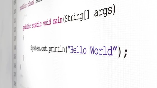 Software code revealing software terminology across a screen - Hello World