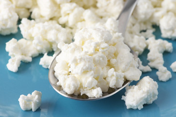 Cottage cheese in spoon close-up