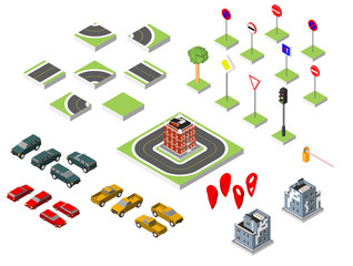Set Isometric road and Vector Cars, Common road traffic regulatory, Building with a windows and air-conditioning. Vector illustration eps 10 isolated on white background.