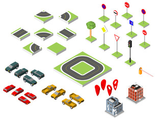 Set Isometric road and Vector Cars, Common road traffic regulatory, Building with a windows and air-conditioning. Vector illustration eps 10 isolated on white background.