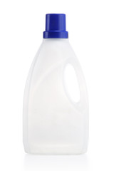 white plastic bottle with blue cap isolated on a white background for liquid laundry detergent or cleaning agent or bleach or fabric softener.