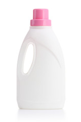 white plastic bottle with red cap isolated on a white background for liquid laundry detergent or cleaning agent or bleach or fabric softener.