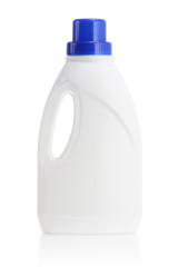 white plastic bottle with blue cap isolated on a white background for liquid laundry detergent or cleaning agent or bleach or fabric softener.