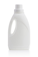 white plastic bottle with white cap isolated on a white background for liquid laundry detergent or...