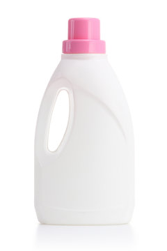 white plastic bottle with red cap isolated on a white background for liquid laundry detergent or cleaning agent or bleach or fabric softener.