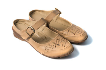 Beige suede sandal with belts women shoes, isolated on white bac