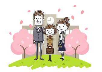 入学式イメージ：両親と女の子

