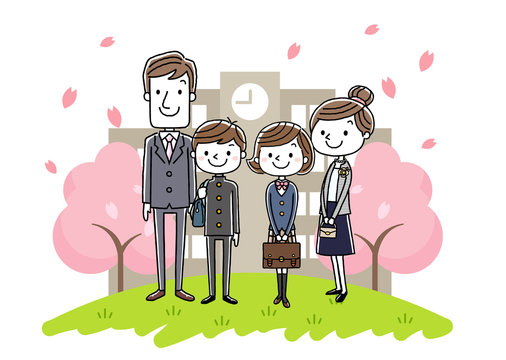 入学式イメージ：両親と男の子と女の子
