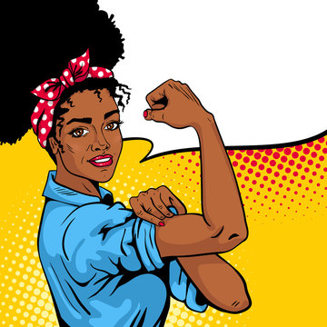 We Can Do It poster. Pop art sexy strong african girl with speech bubble. American symbol of female power, woman rights, protest, feminism. Vector bright hand drawn background in retro comic style.