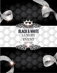 Elegant BLACK & WHITE Luxury event invitation card with silk textured curled ribbons and leather background. Vector illustration