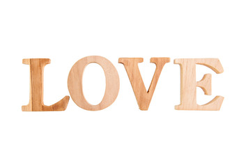Love, Wood letters LOVE on White background, Capital wooden block letter alphabet symbols isolated...