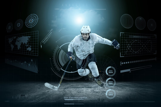 Ice hockey player on the ice around modern light