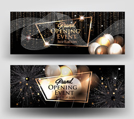 Grand opening invitation cards with air balloons and gold serpentine and fireworks. Vector illustration