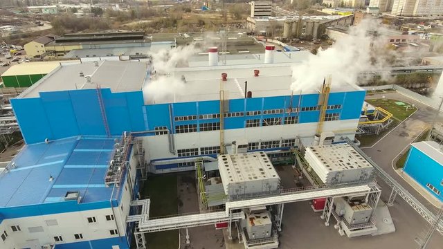 Aerial shot of Voronezh. Top view of modern heat power station. Russia. 4K