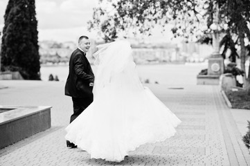 Happy wedding couple walking holding hands and smiling. Black an