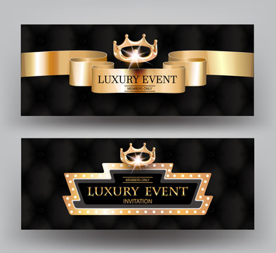 LUXURY EVENT ELEGANT INVITATION BANNERS with  CROWN, VINTAGE FRAME, LEATHER and CURLY SILK RIBBON. VECTOR ILLUSTRATION