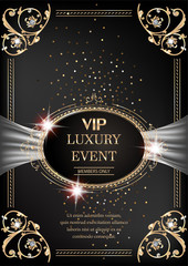 Luxury event invitation gold card with vintage frame and floral design elements. Vector illustration