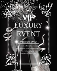 Luxury event invitation shiny banner WITH silver  TEXTURED SERPENTINE, GLASSES AND BOTTLE OF CHAMPAGNE. VECTOR ILLUSTRATION
