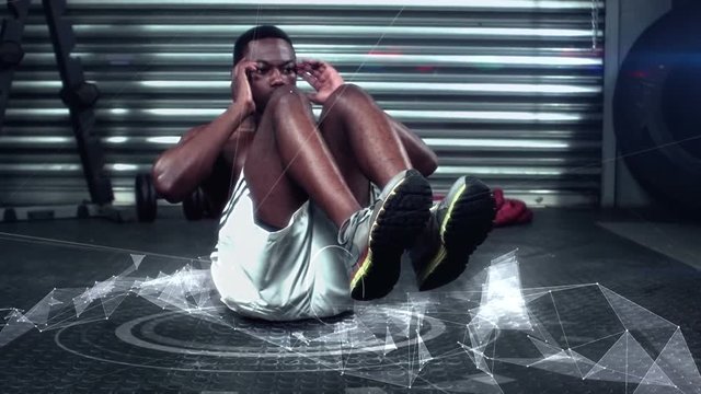 Athlete performing crunches against the animated background