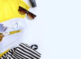 fashion blogger concept. Minimal set of Feminine accessories on white background. - 133990219