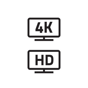 4k ultra hd tv and full hd television icons set line outline style, black hd video emblem label for lcd or led tv flat screen isolated on white