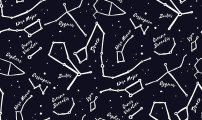 Seamless vector pattern with constellations. Dark blue background with star sky