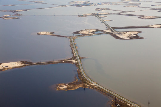 Oilfield on the Samolor lake, top view