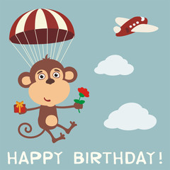 Happy birthday! Funny monkey fly on parachute with gift and flower. Birthday card with monkey in cartoon style.