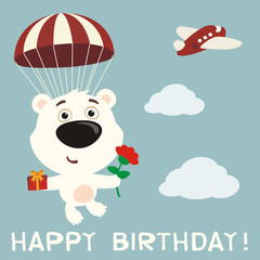 Happy birthday! Funny polar bear fly on parachute with gift and flower. Birthday card with polar bear in cartoon style.