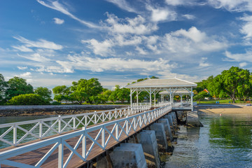 Fototapeta na wymiar Historical Asdang white sea bridge, Sichang island, Thailand