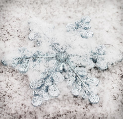 beautiful snowflake in the snow. Christmas toned decorations