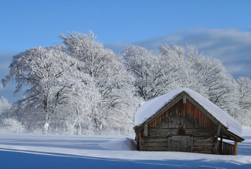 Verlassene Almhütte versunken im Schnee