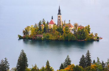 Church on island in the middle of Bled lake. Slovenia