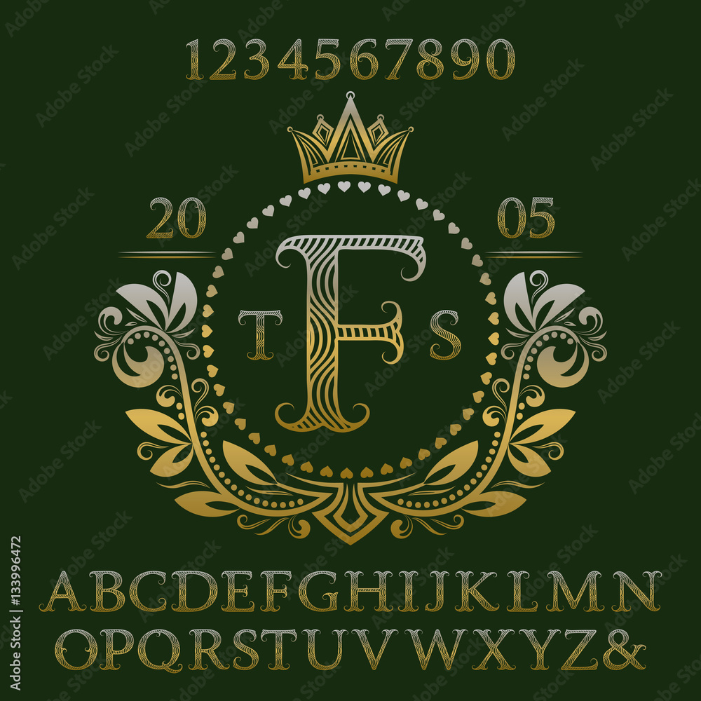 Poster golden wavy patterned letters and numbers with initial monogram in coat of arms form. elegant font a