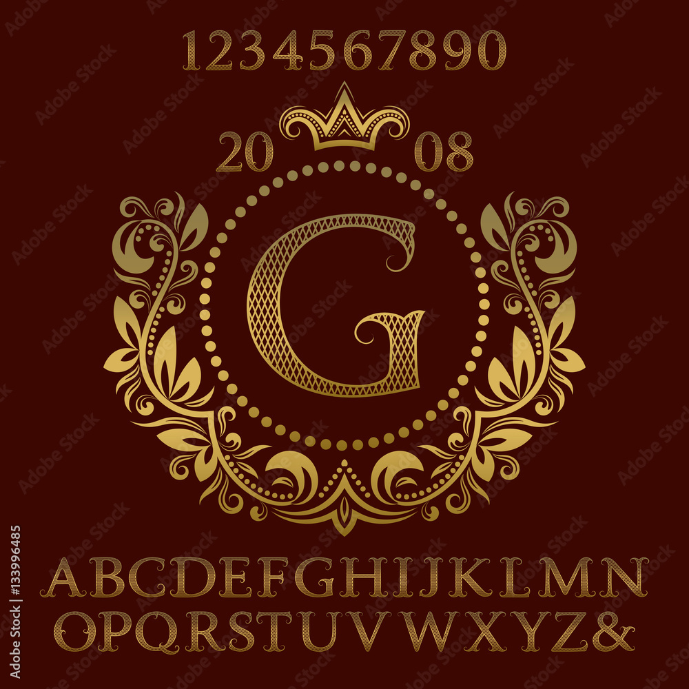 Poster golden lattice patterned letters and numbers with initial monogram in coat of arms form. decorative 