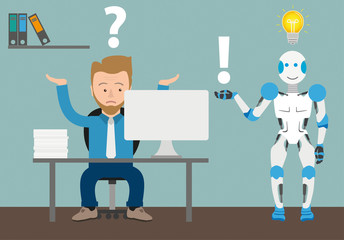 Cartoon Businessman Question Office Robot Answer