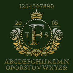 Golden wavy patterned letters and numbers with initial monogram in coat of arms form. Elegant font and elements kit for logo design.