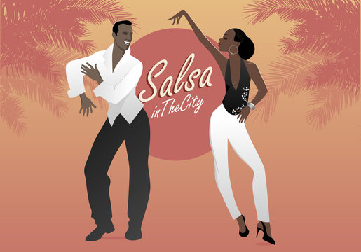 Young afro american couple dancing salsa. Vector illustration.